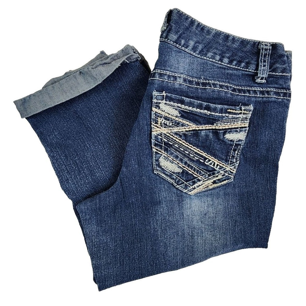 rue21 Mid Rise Crops Blue Womens 9/10 Distressed Embellished Capri Jeans